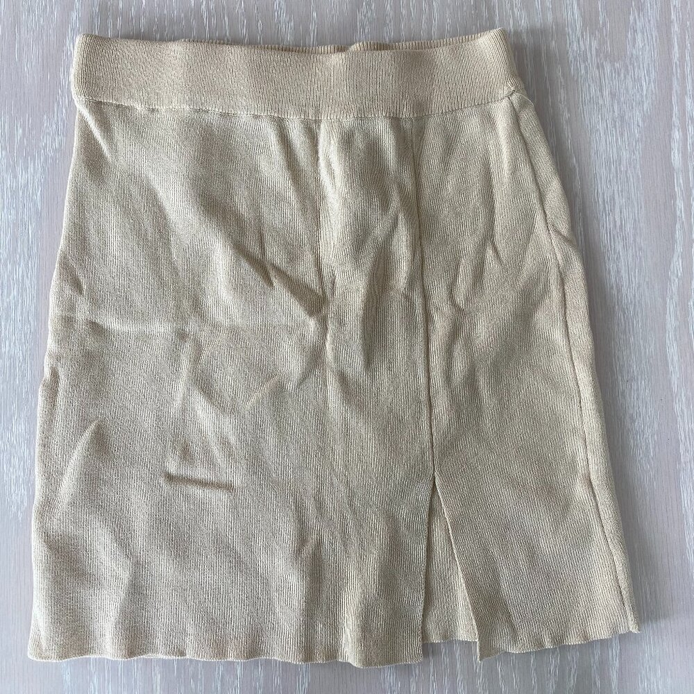 Lioness Knit Bodycon Side Slit Minimal Mini Skirt Beige Size S